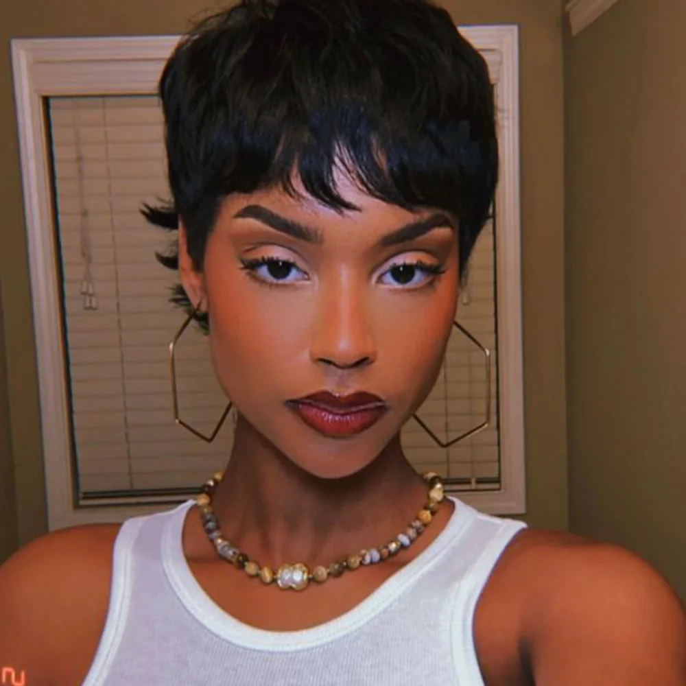 

Натуральный черный короткий парик Короткие многослойные парики Полный машинный заказ для чернокожих женщин Короткие парики боб из человеческих волос с челкой