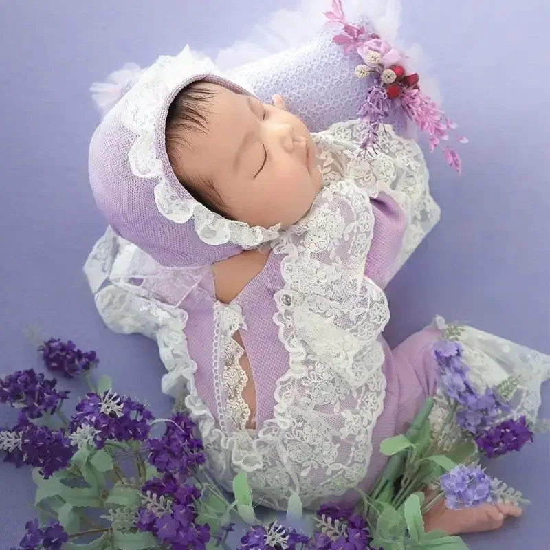 

Комплект из кружевного комбинезона и шапочки K8GF для новорожденных, для фотосессий, мягкий и дышащий наряд, комбинезон и шапочка для младенцев 0-1 месяца