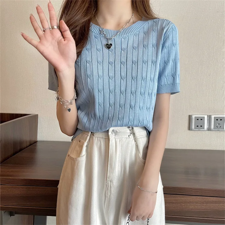 Damen Sommer Vintage Rundhals Kurzarm Strick-T-Shirt Mädchen Damen Slim Fit Top Damen Casual Sport Layering Basic-Shirt – Detail 20