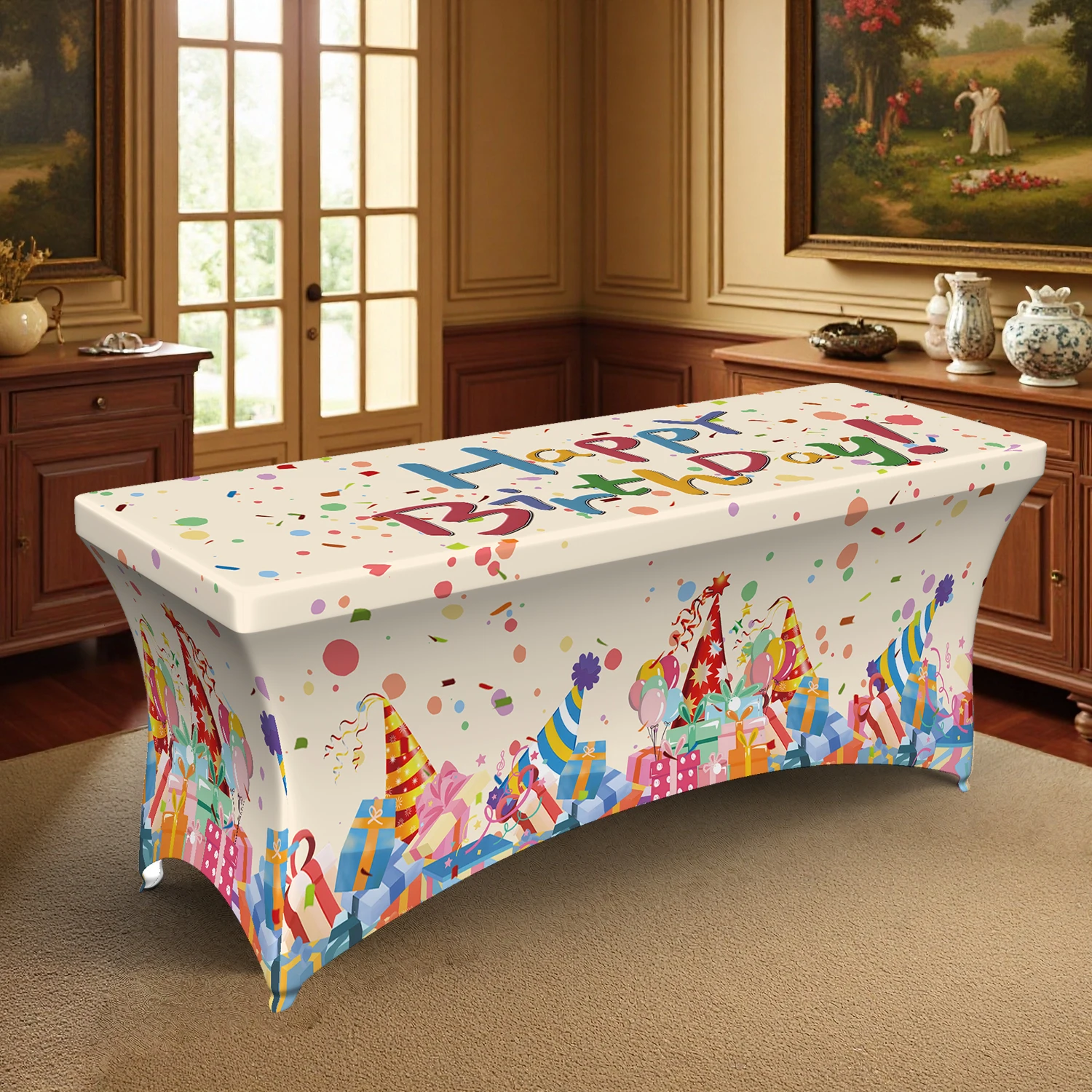 1PC Happy Birthday Party Elastic Tablecloth, 4/6/8FT Summer Outdoor Stretchable Table Cover with Colorful Confe
