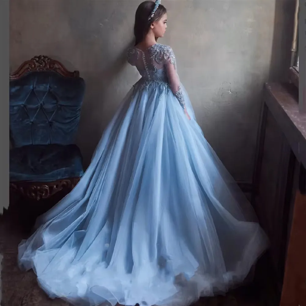 

Elegant Flower Girl Wedding Dress Full Sleeves Beaded Princess Birthday Party Dress Kids First Communion Ball Gown Customized