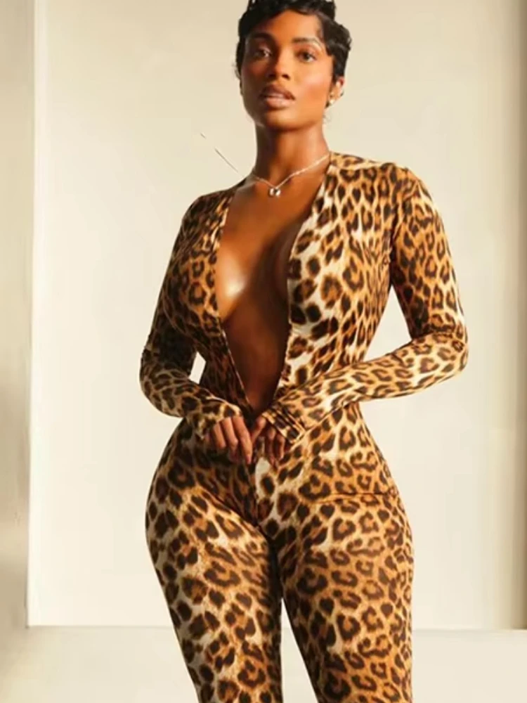 

Macheda Coquett Jumpsuit Women Leopard Print Deep v-Neck Full Sleeve Backless Peach Buttocks Skinny Sexy Midnight Wild Outfit