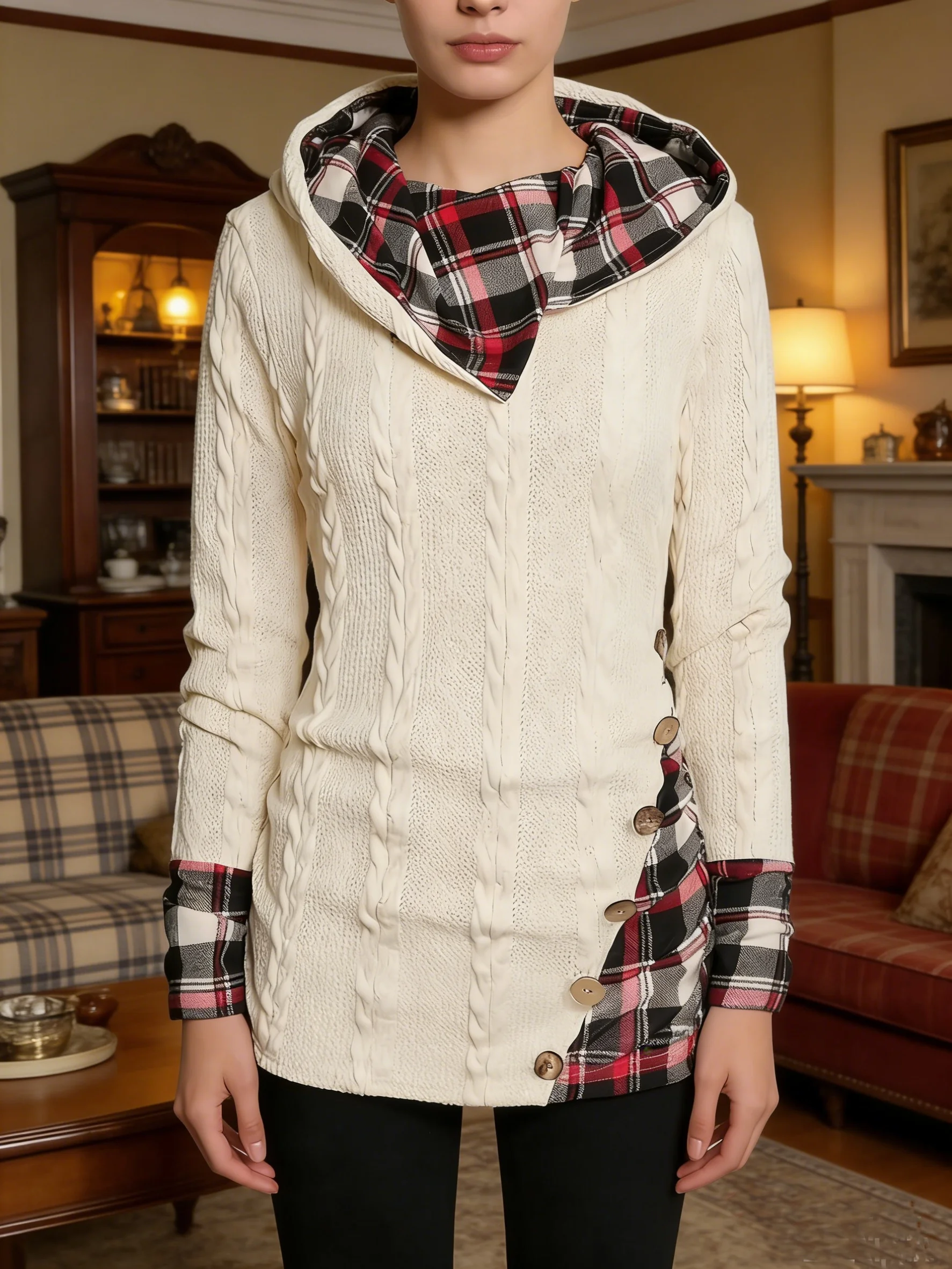 

Женский свитер большого размера в стиле Y2K с вязаным узором в клетку, имитацией пуговиц и плиссированным воротником-шалью, новая мода 2026 года