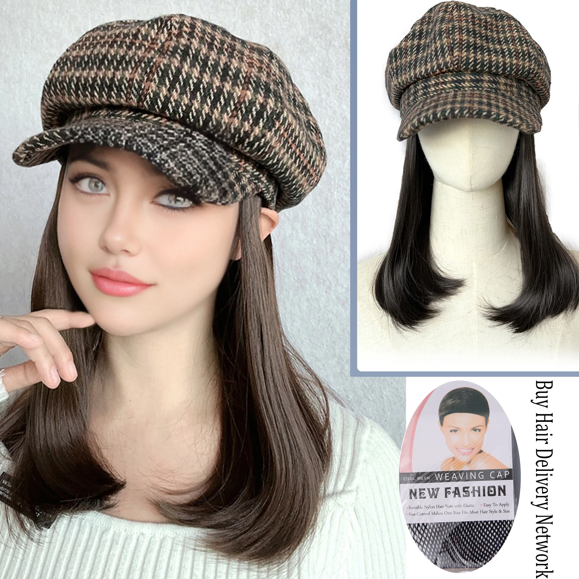 Synthetic cap hair all-in-one female winter tweed kilobird plaid navy cap buckle Korean version of the collarbone hair headgear