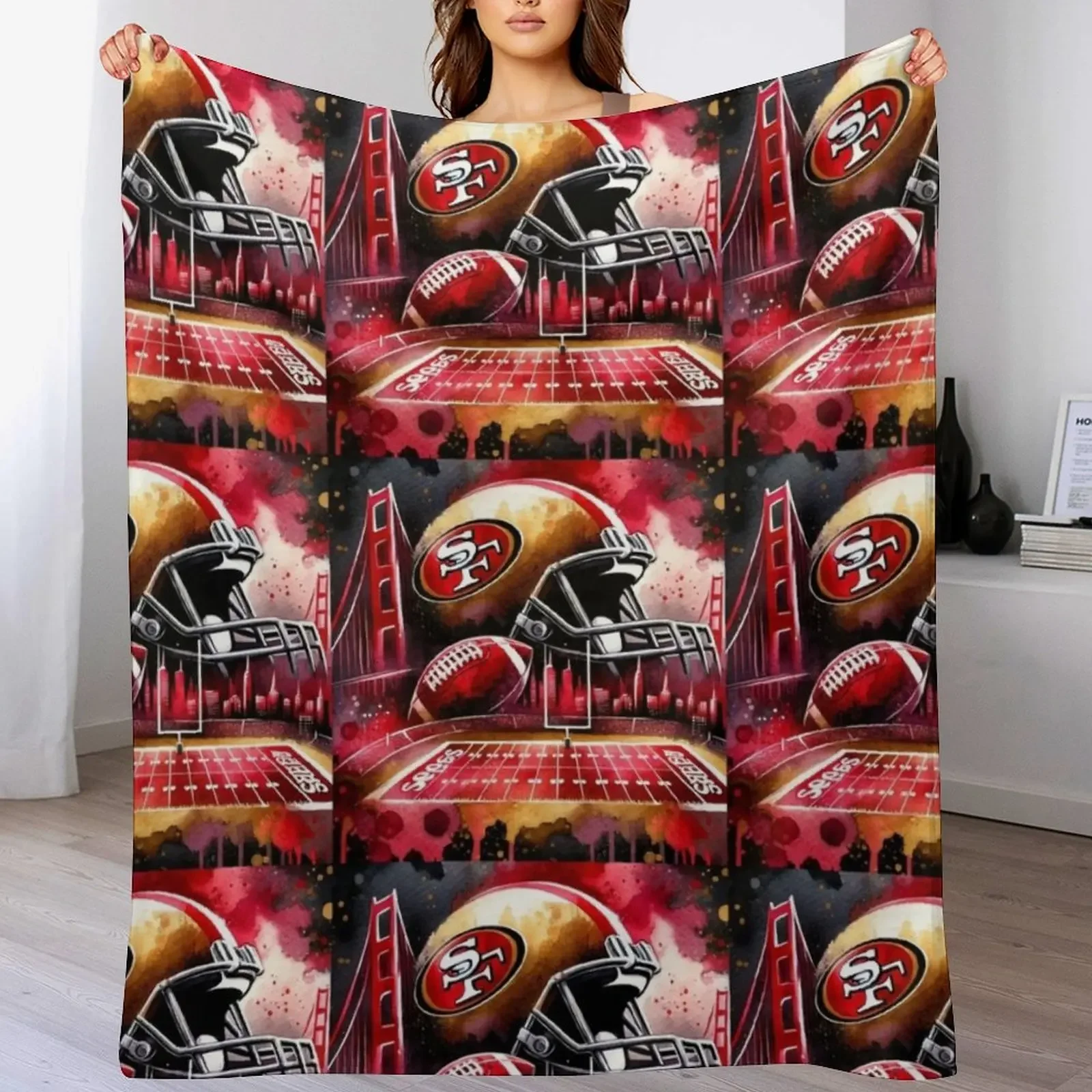

49ers Watercolor Fan Art Throw Blanket Sofa Large Soft Plaid Quilt Blankets