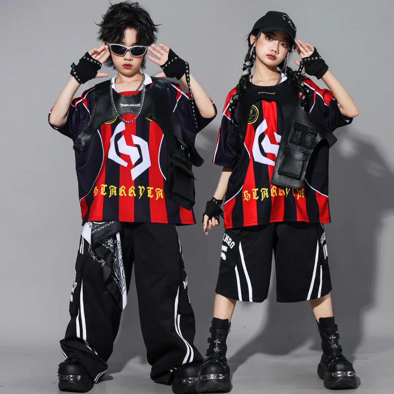 Meninos hip hop outfits azul contraste camiseta calças de carga meninas dança de rua jazz traje crianças roupas k-pop streetwear