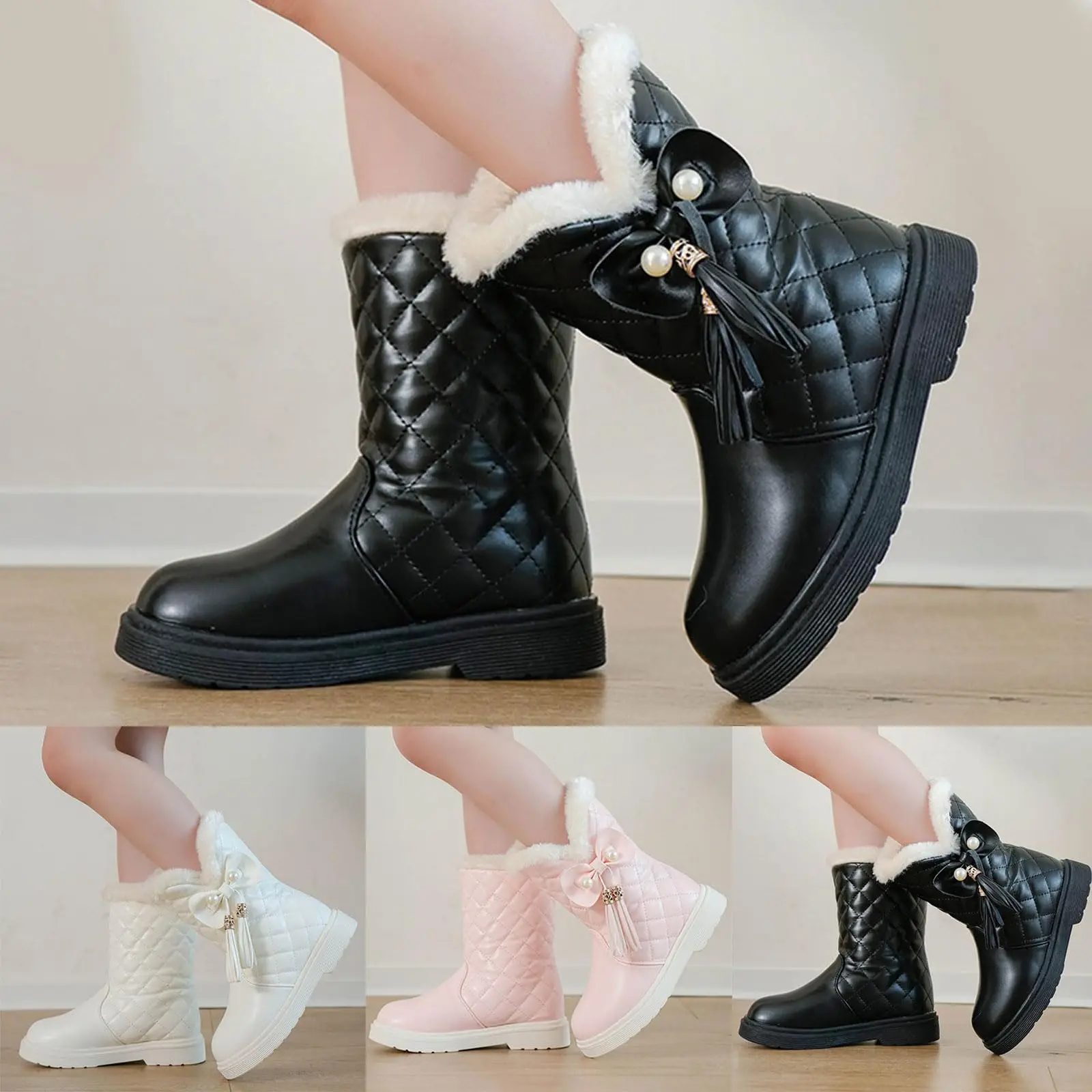 Fashion Boots Girls' Faux Fur Ankle Boots White Quilted Pearl-Bow Warm Toddler Winter Daily 2026 Trendy Cute Footwear Abito