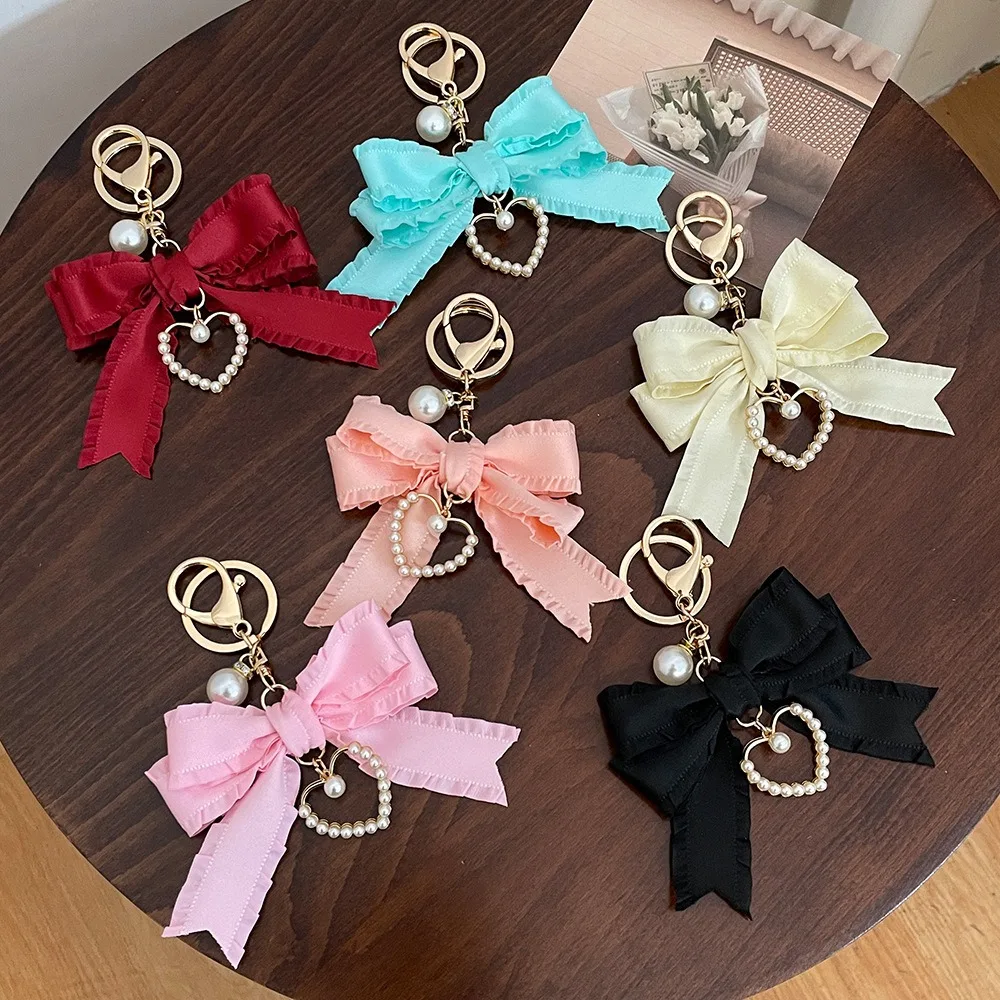 Korean Keyring pleated ribbon bow love car key chain women's school bag fashion pendant cute Keychain accessories cute for girls