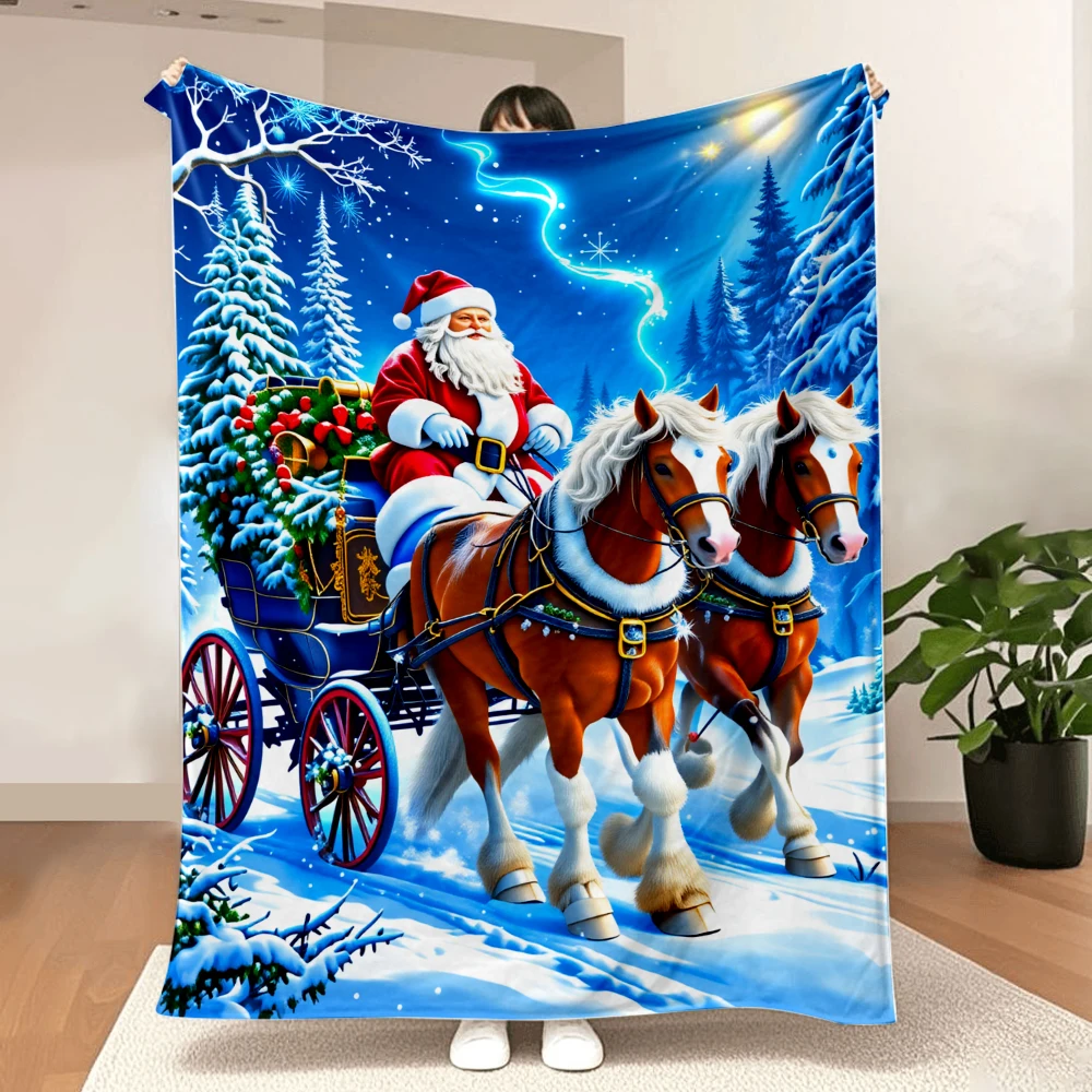 1PC Santa Riding Carriage Print Blanket-Made of soft, fluffy flannel, it's perfect for a sofa, bed, or lounge chair. Ideal for C
