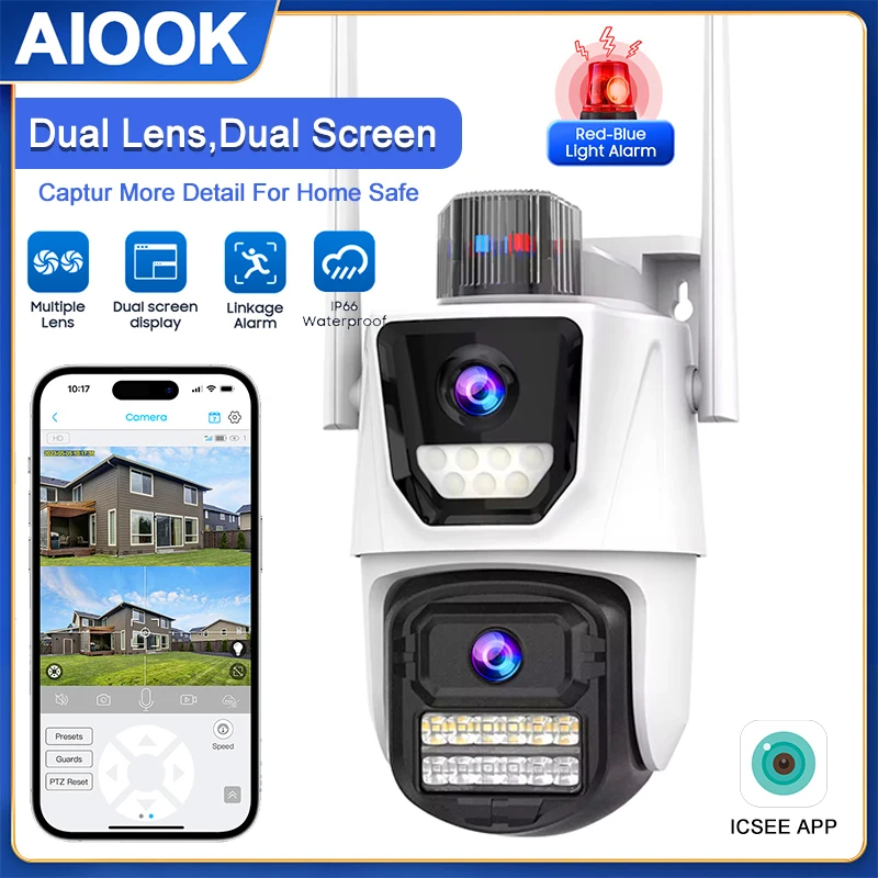 

AIOOK ICSEE Camera Dual Lens HD 8MP 4K WIFICamera Outdoor Waterproof Night Vision Ptz Mobile Tracking IP CCTV Light Alarm ONVIF