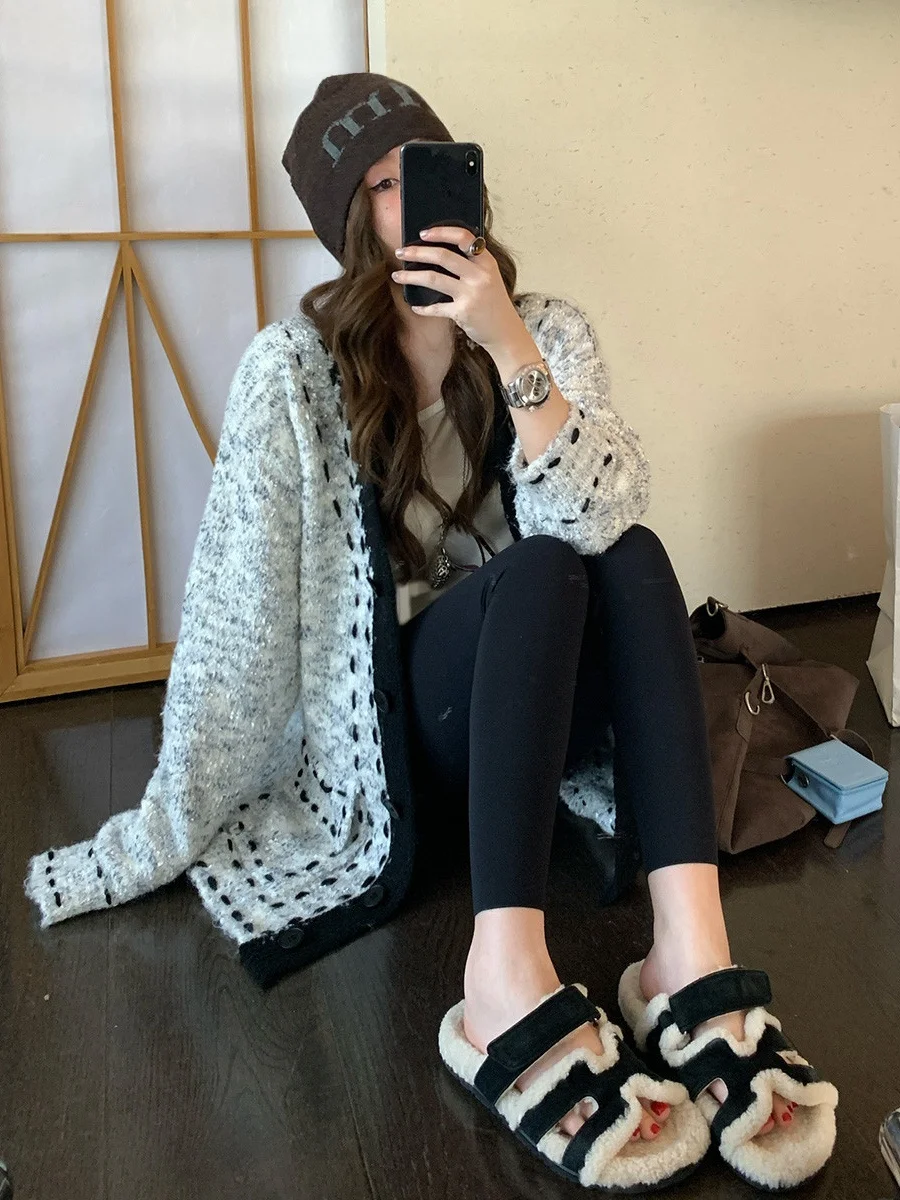

MUKOK Heavyweight Knitted Sweater Jaet Color Blo Loose Lazy Sle Hook Open Cardigan Women's Faion Commute Sle
