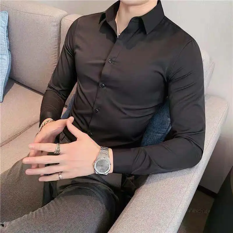 TRSYPHXM new Elastic long sleeved shirt slim fit black shirt business casual professional formal work clothes work shirt men