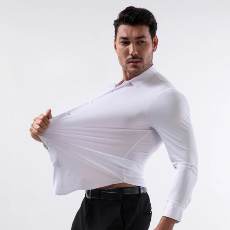 High Elastic Four Sided Stretch Mens Shirt Non Iron Anti Wrinkle Comfortable Business Casual Shirt Large European Size
