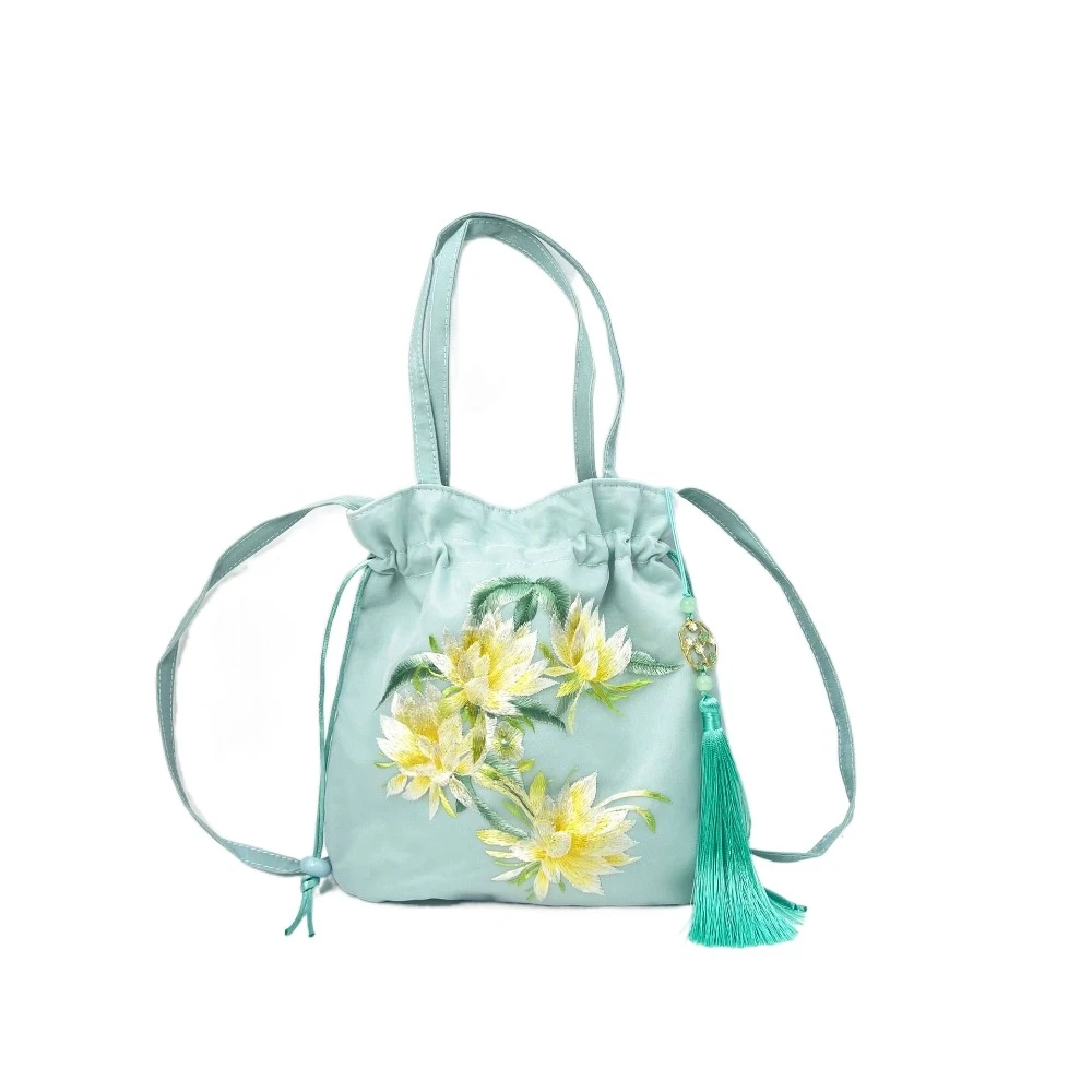 

Elegant Chinese Style Drawstring Bucket Bag Sweet Organza Hanfu Embroidery Handbag Ethnic Style Flower Small Purse Bag Shopping