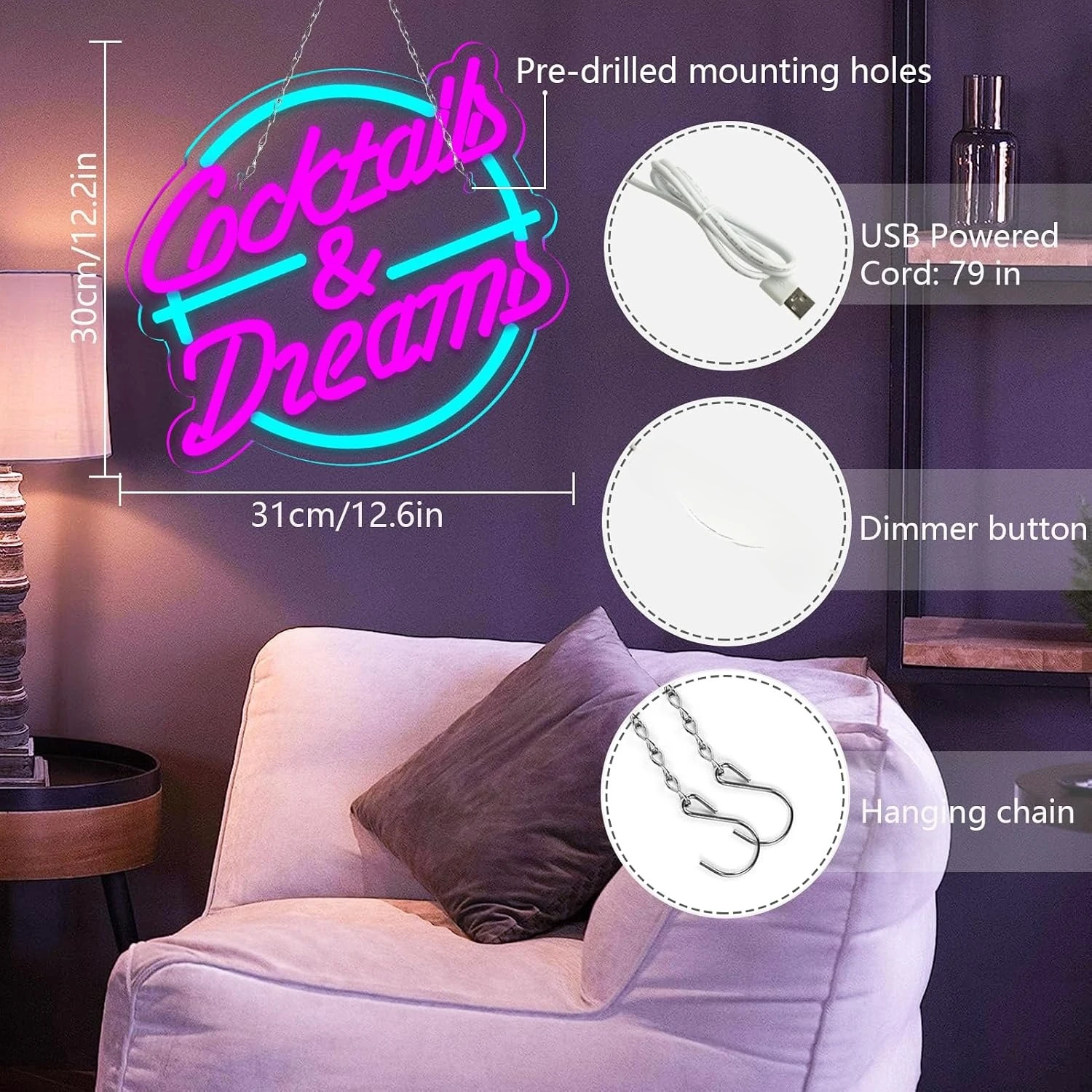 cocktail Bar Neon Sign USB Powered LED Neon Light for Beach Bar Party Gaming Room Bedroom Decoration Birthday Christmas Gift view 3