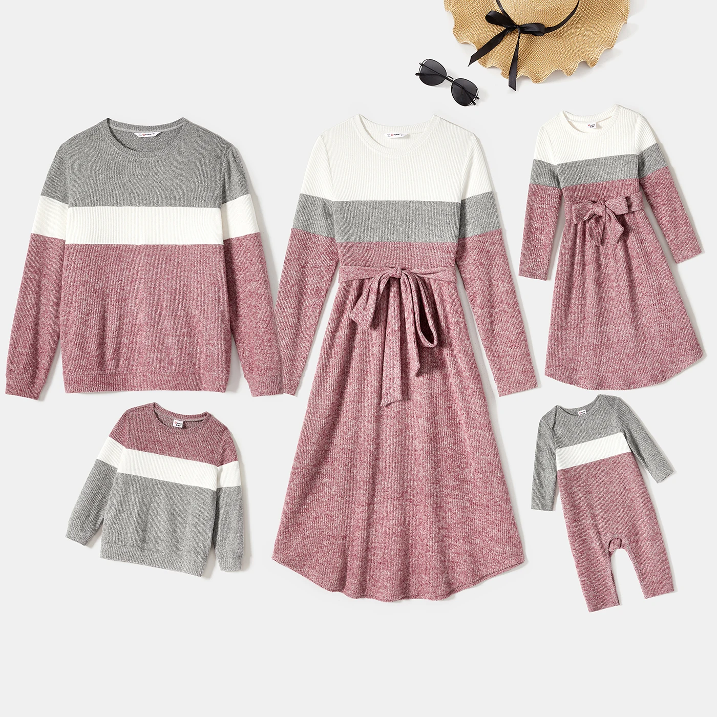 

Family Matching Long-sleeve Colorblock Rib Knit Belted Dresses and Pullover