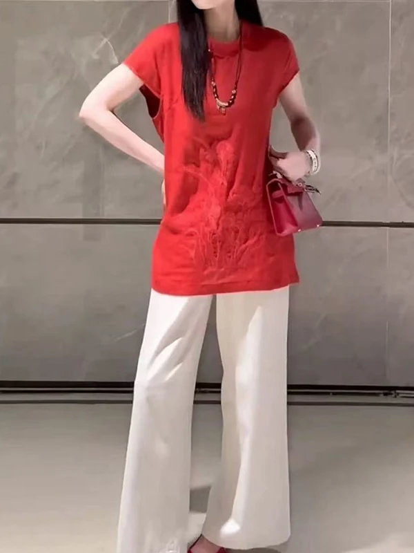 New Chinese Sle Embroidered T-irt Women's Loose Fit Summer 2025 Faion Slimming Versatile Small irt Top