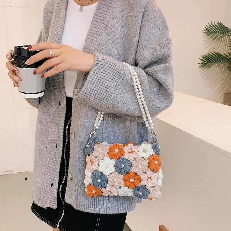 

Вязаная крючком сумка с жемчужным цветком, сделай сам, пряжа, сумка ручной вязки на одно плечо, мягкая хлопковая повседневная модная женская сумка небольшого размера