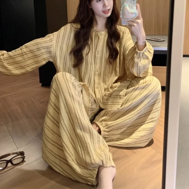 

Women's autumn and winter new simple and comfortable double-layer cotton yarn striped lantern pants home wear pajama set