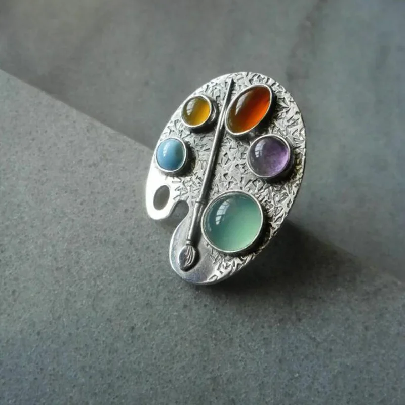 Creative Geometry Silver Color Metal Oval Inlaid Colored Stones Women Rings Vintage Die-casting Pattern Party Adjustable Ring