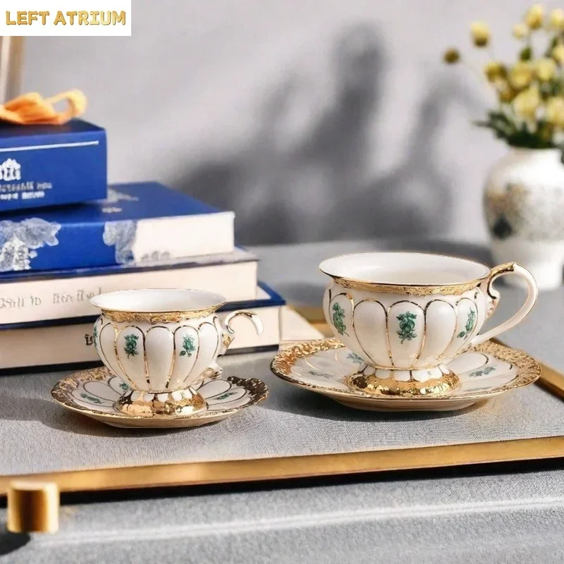 Luxury Porcelain European Palace Style Gilded Heavy Duty Coffee Cup And Saucer Single Set Gift Box For Birthday Present