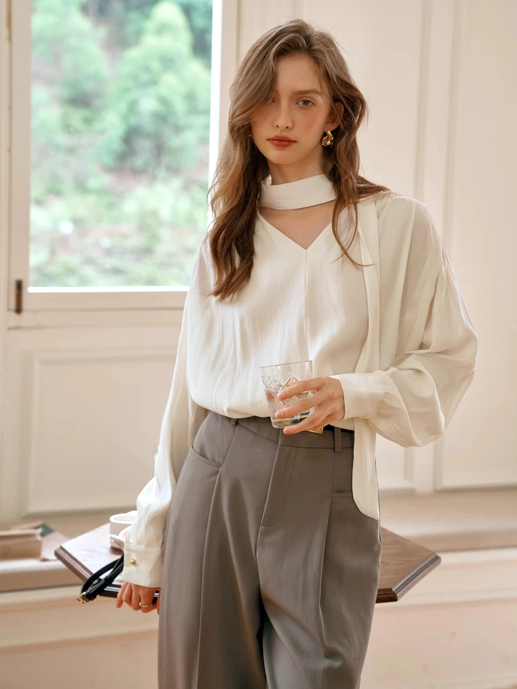 

OLrain женская рубашка с длинным рукавом, осень 2022, новинка осени, v-образный вырез на шнуровке, абрикосовые блузки во французском стиле, ранняя мода, женский топ M56QC88551