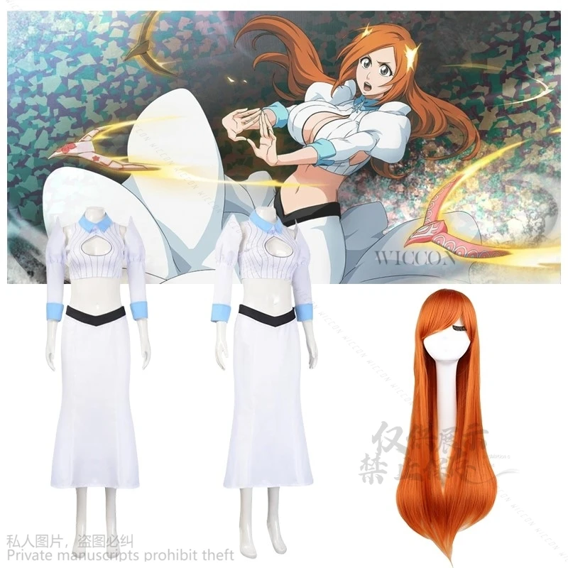 Anime Princess Inoue Orihime Cosplay Costume Wigs Lolita White Dew Waist Long Skirt Headwear Woman Sexy Carnival Halloween Suit