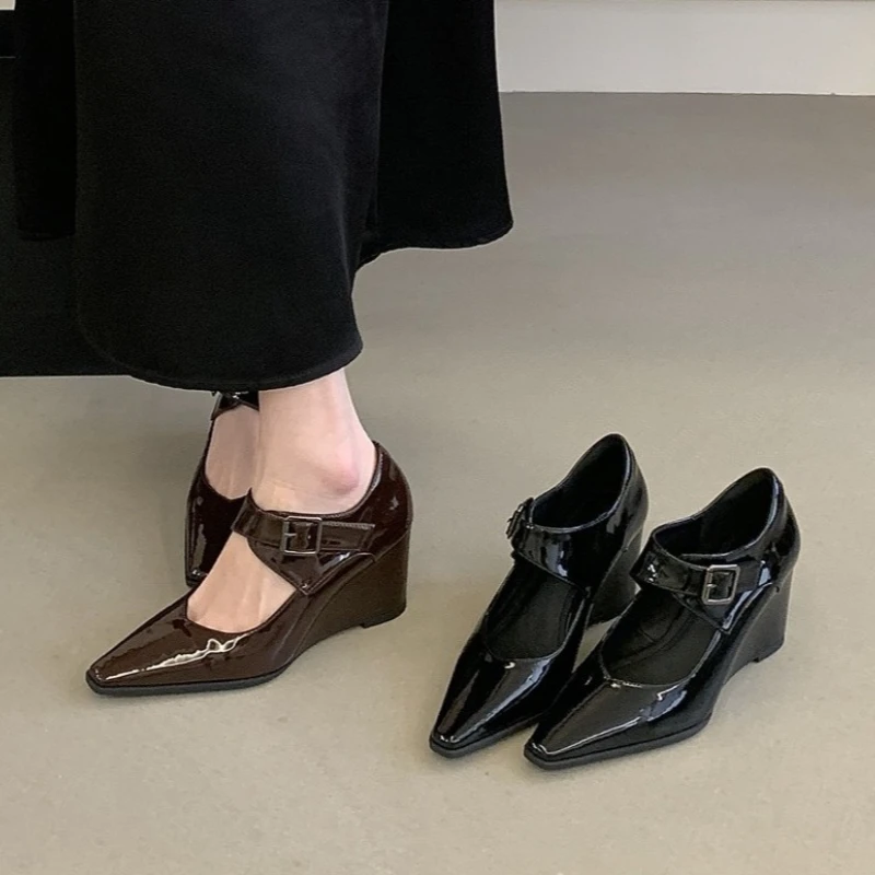 Aneikeh Spring Vintage Soft Lacquered Leather Surface Mary Jane Buckle Strap Wedges Heels Women Pumps Pointed Toe Banquet Shoes
