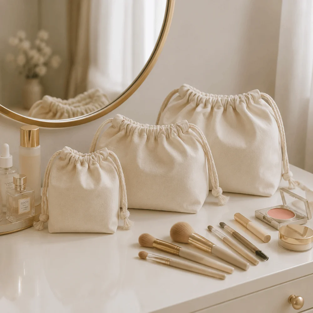 Portable Canvas Drawstring Cosmetic Bags Reusable Soft Makeup Pouch Toiletry Bags for Women