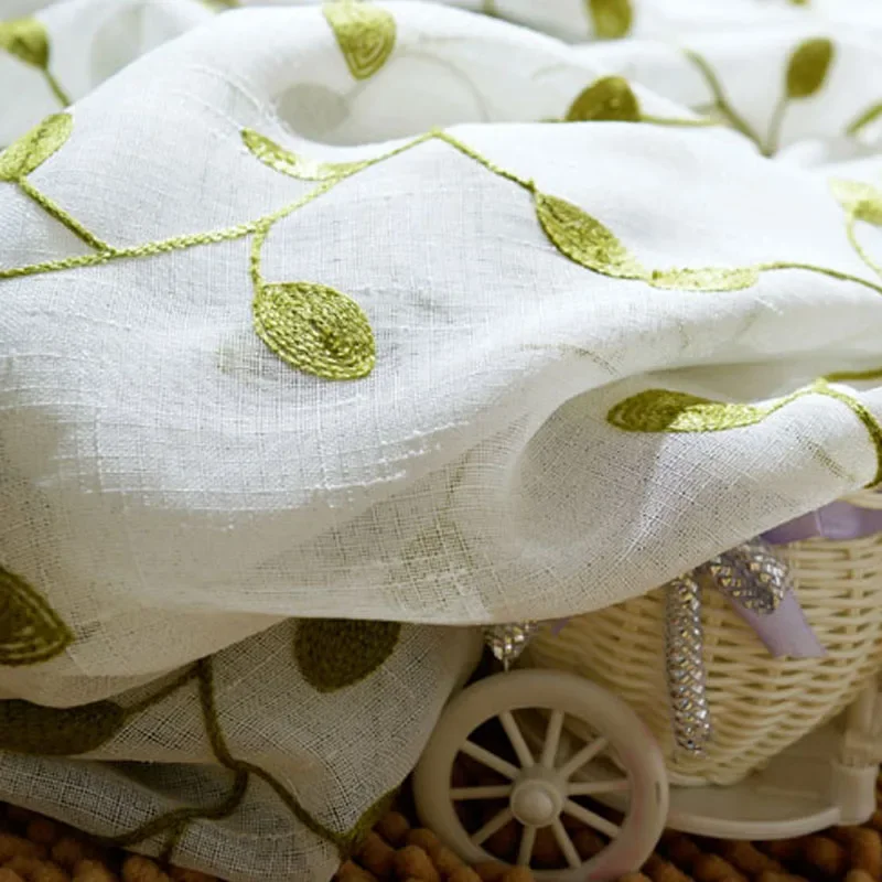 Rustic Green Leaves Embroidered Curtains Sheer Tulle Blue with White Leaves  Blackout Curtains For Living Room Drapes  WP072#4