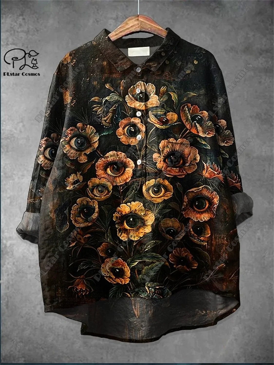 PLstar Cosmos new 3D printed women's loose retro floral fun casual printed open tube shirt  K-11