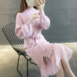 Mid length Mesh Knitted Dress For Autumn And Winter 2024 New Semi High Neckline Studded Knit Thick Sweater For Women's Fashion