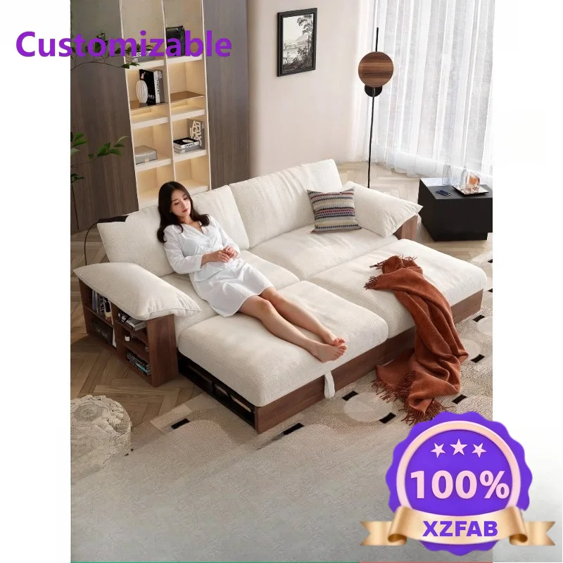 Factory Direct 2026 Folding dual-purpose sofa bed retro style living room small apartment fabric storage solid wood sofa