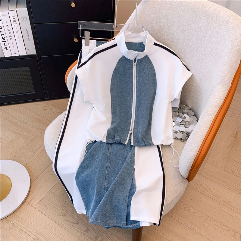 New Fashion Female Trousers Set Spring Autumn Fake Two Pieces Denim Coat Wide Skirt Two-Piece Women\'s Casual Sports Sets 4XL