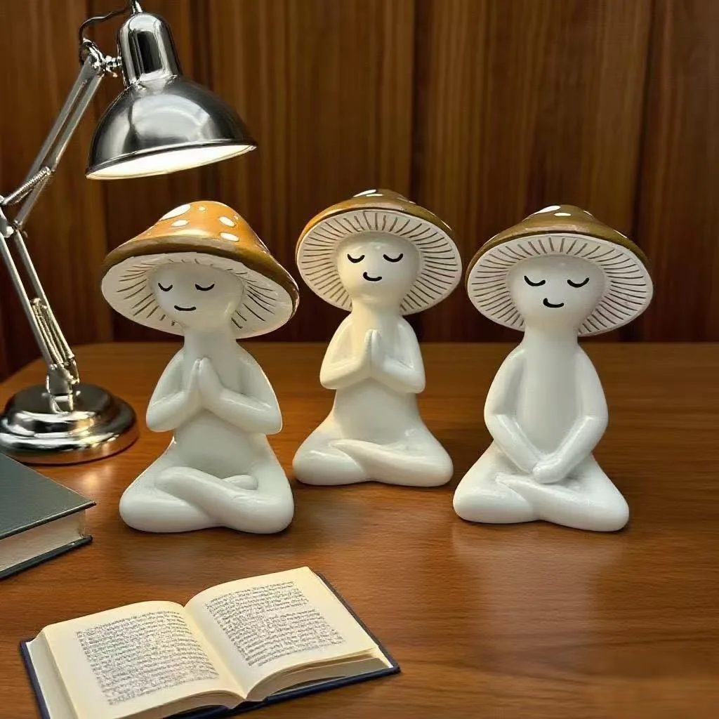 

3pcs Cute Meditation Yoga Mushroom Desktop Ornaments Resin Craft Decors Home Decor Fairy Flowerpot Plants Mushroom Bonsai Statue