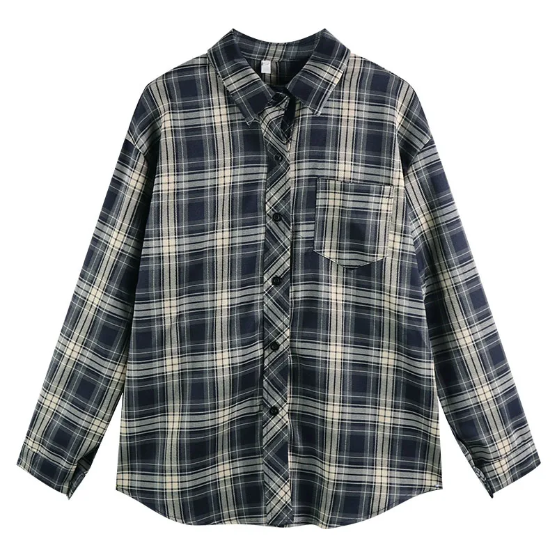Spring Autumn Plaid Shirts for Women Versatile Loose Streetwear Y2K Lazy Style Button Blouse Simple Vintage Checked Blusas Tops