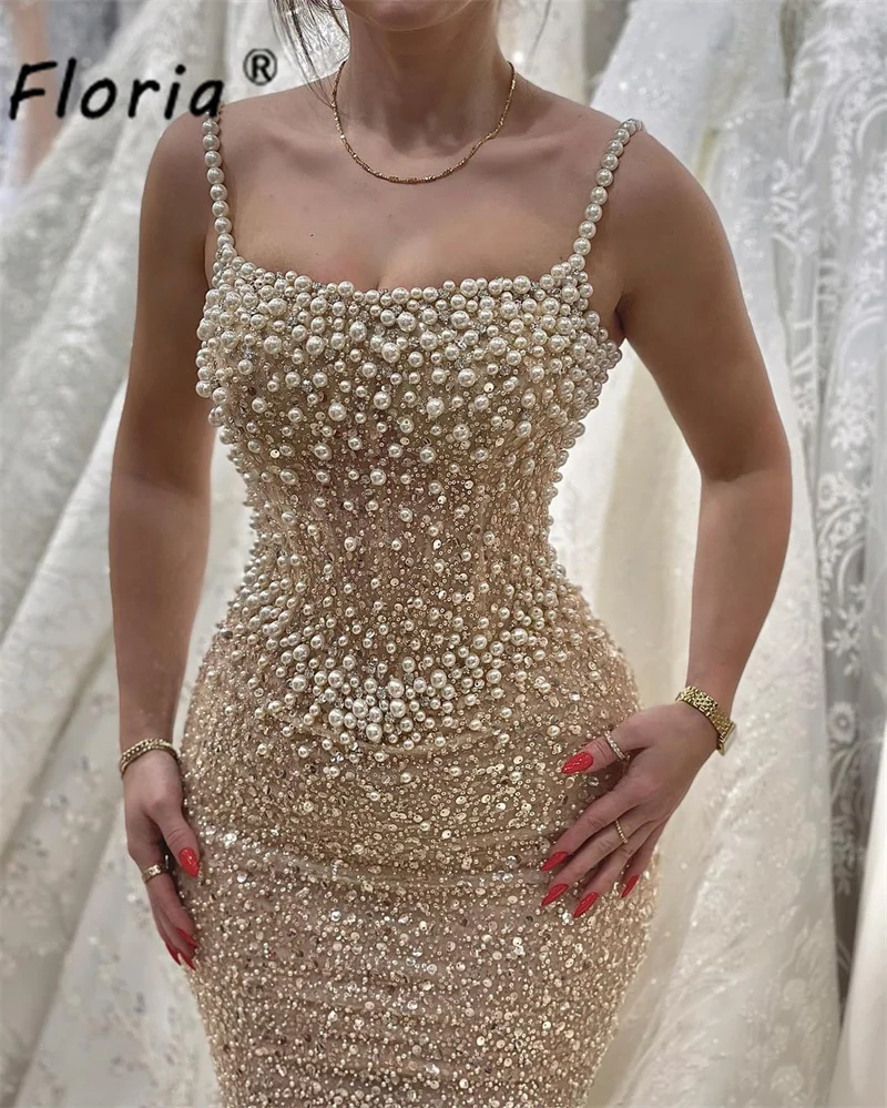 Robe de Soirée de Forme Sirène avec Bretelles Spaghetti et Perles, Tenue Formelle à Paillettes, à la Mode, pour Mariage, Bal, Cocktail, Dubaï