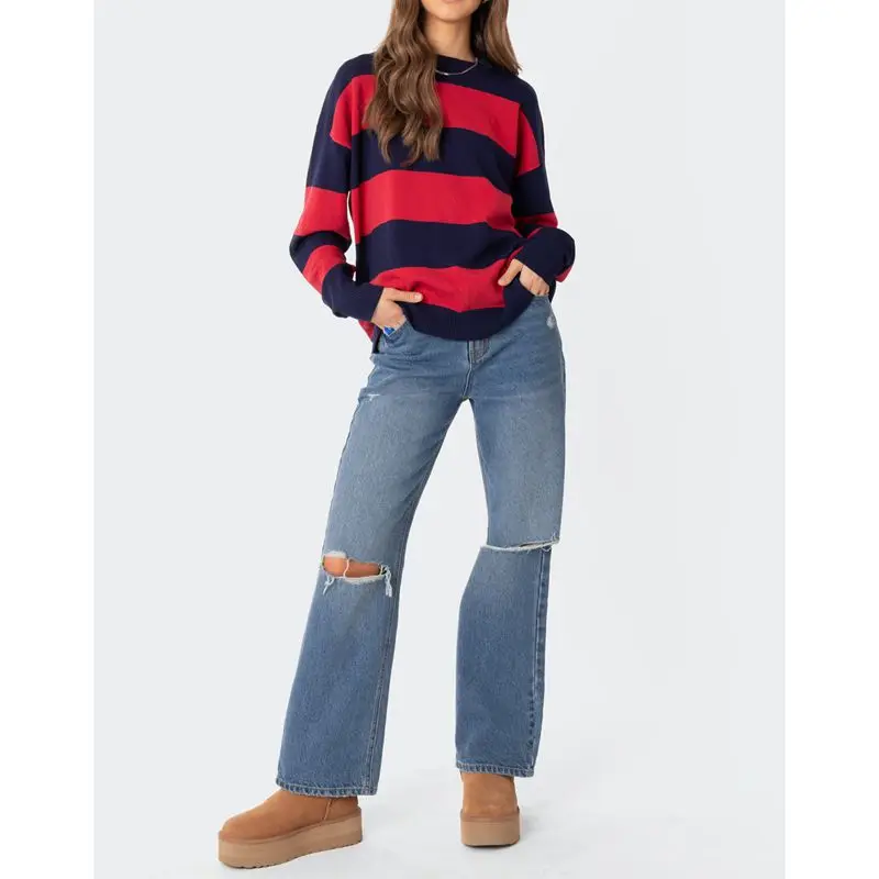 

Combhasaki женский Y2k винтажный вязаный свитер в рубчик с круглым вырезом в полоску с длинным рукавом свободного покроя трикотаж пуловер джемперы уличная одежда