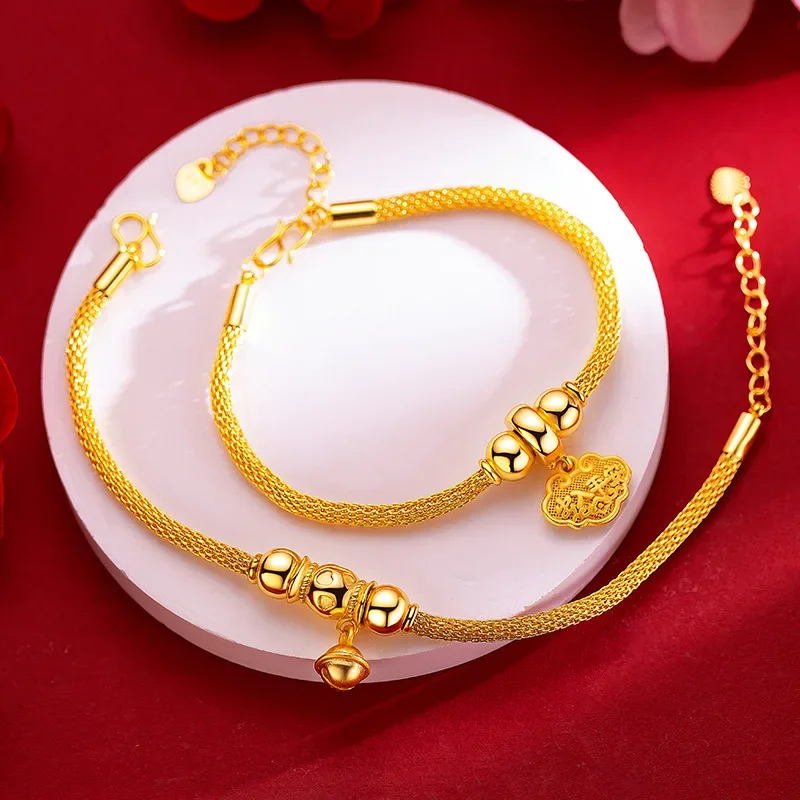 

9999 Real Gold 24K Small Bell Buddha Ladies Bracelet Love Versatile In and Out Peace Long Life Wealth Gold Lock Bracelet Jewelry