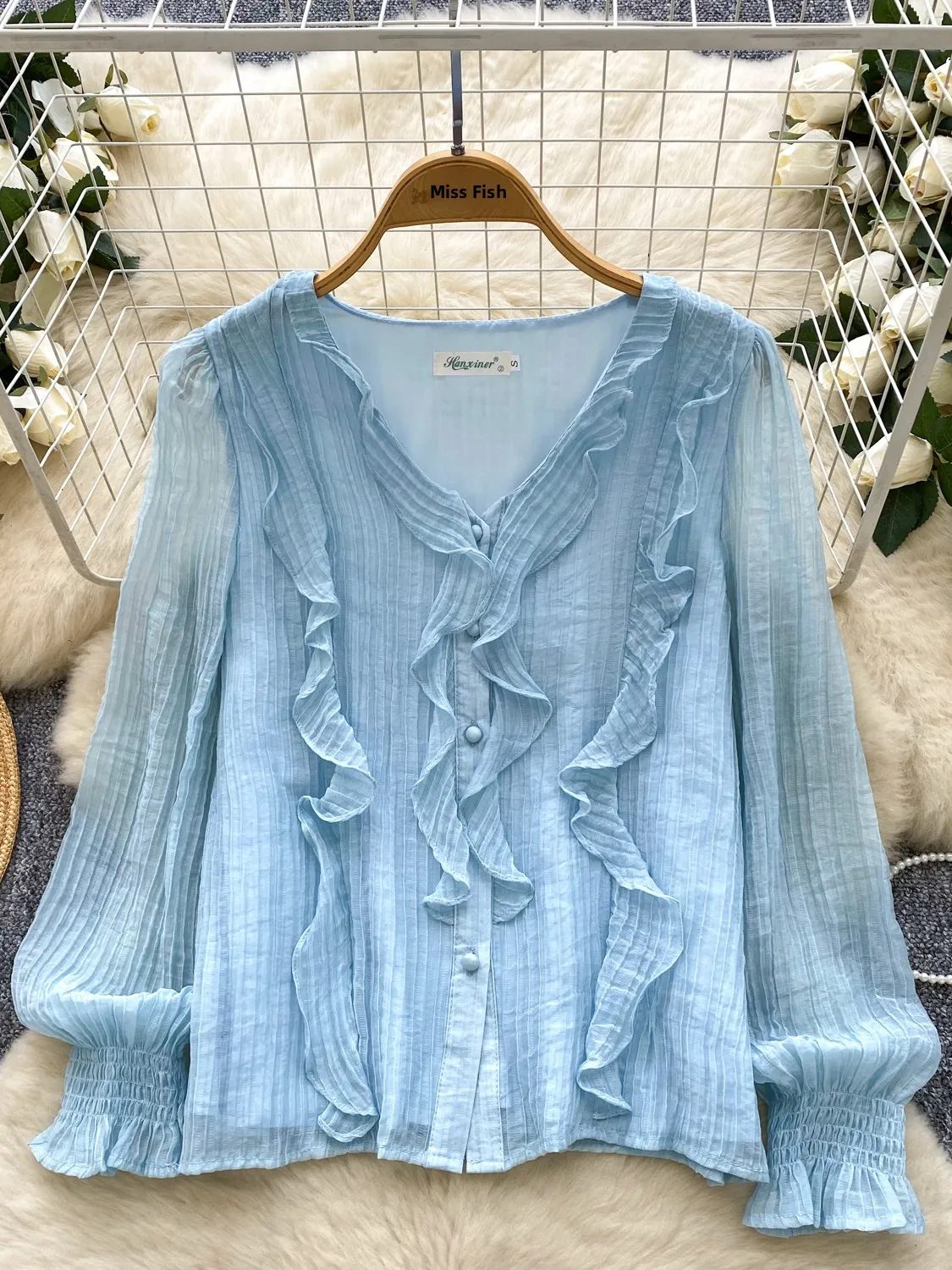 

Sweet Gentle Anti-Aging V-Ne Wooden Long Sve Chiffon irt Women's Loose Top Fall Season Faion Casual Commute