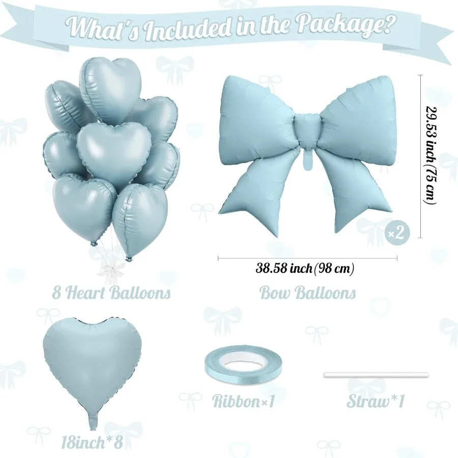 ベビーブルーのハート型バルーン、フォイルボウバルーン10個セット、18インチのハート型バルーンと38インチのヘリウムライトブルーボウフォイルバルーン