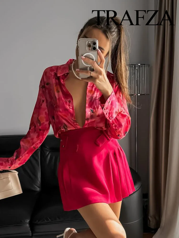 TRAFZA Women Fashion Print Decoration Long Sleeves Casual Satin Blouse TopFemale Chic Single-Breasted Lapel Loose Slim Shirt Top