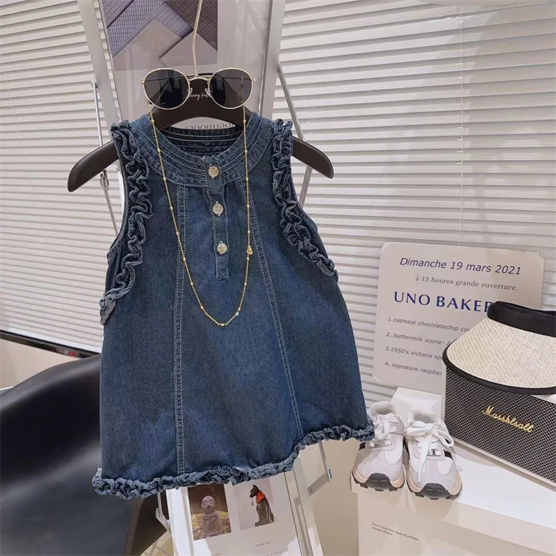 

Girls Denim Dress Kids Spring Autumn Jeans Gown Children Fashion Sleeveless Vestidos Princess A-line Summer Clothing 2-8 Years
