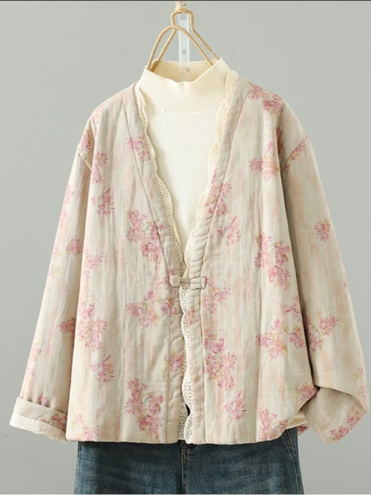 

Женское зимнее пальто с кружевной отделкой и v-образным вырезом Thiened, хлопковое пальто с принтом, верхняя одежда на пуговицах, художественная свободная посадка, длинный све