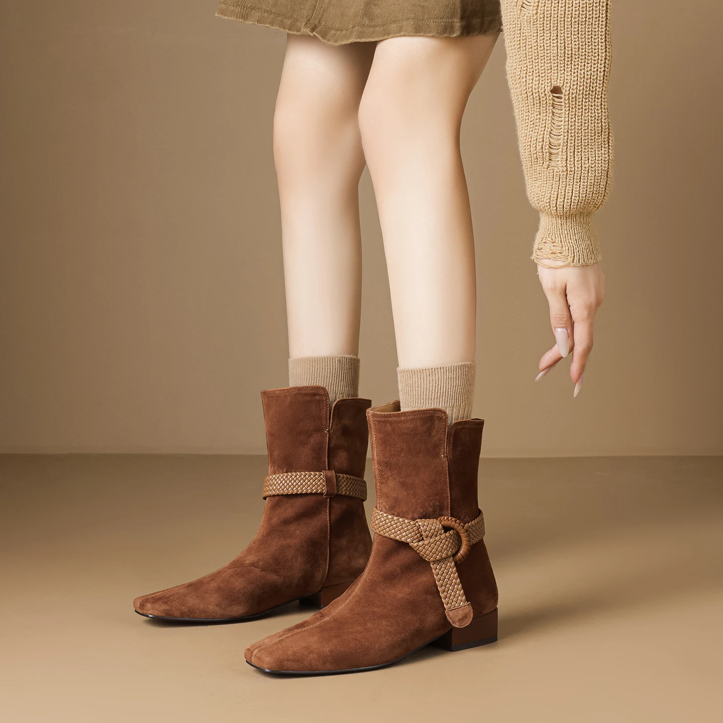 

Elegant Retro Genuine Leather Ankle Boots for Women Thick High Heels Square Toe Suede Fashion Boots
