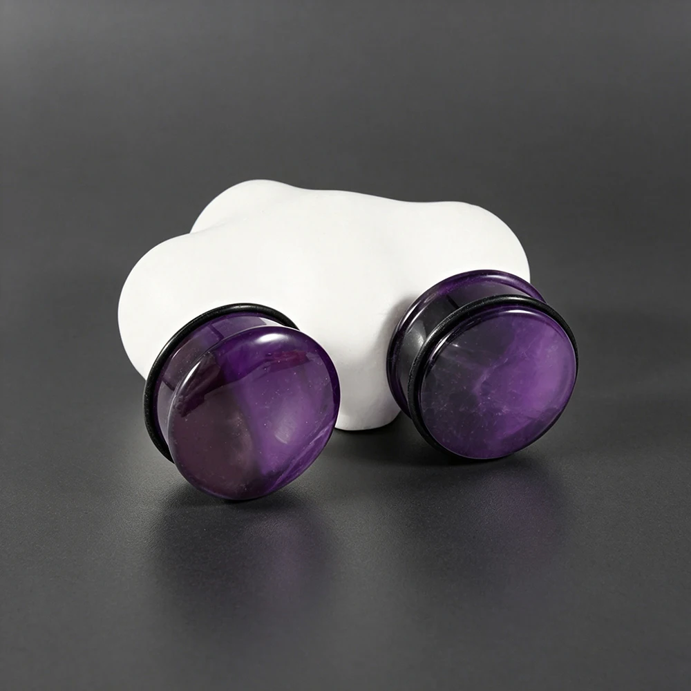 Pair Solid Amethyst&Tiger Eaye Stone Ear Tunnels Ear Gauge Expansion Stretcher Piercing Single Flared Ear Plug WeightBodyjewelry