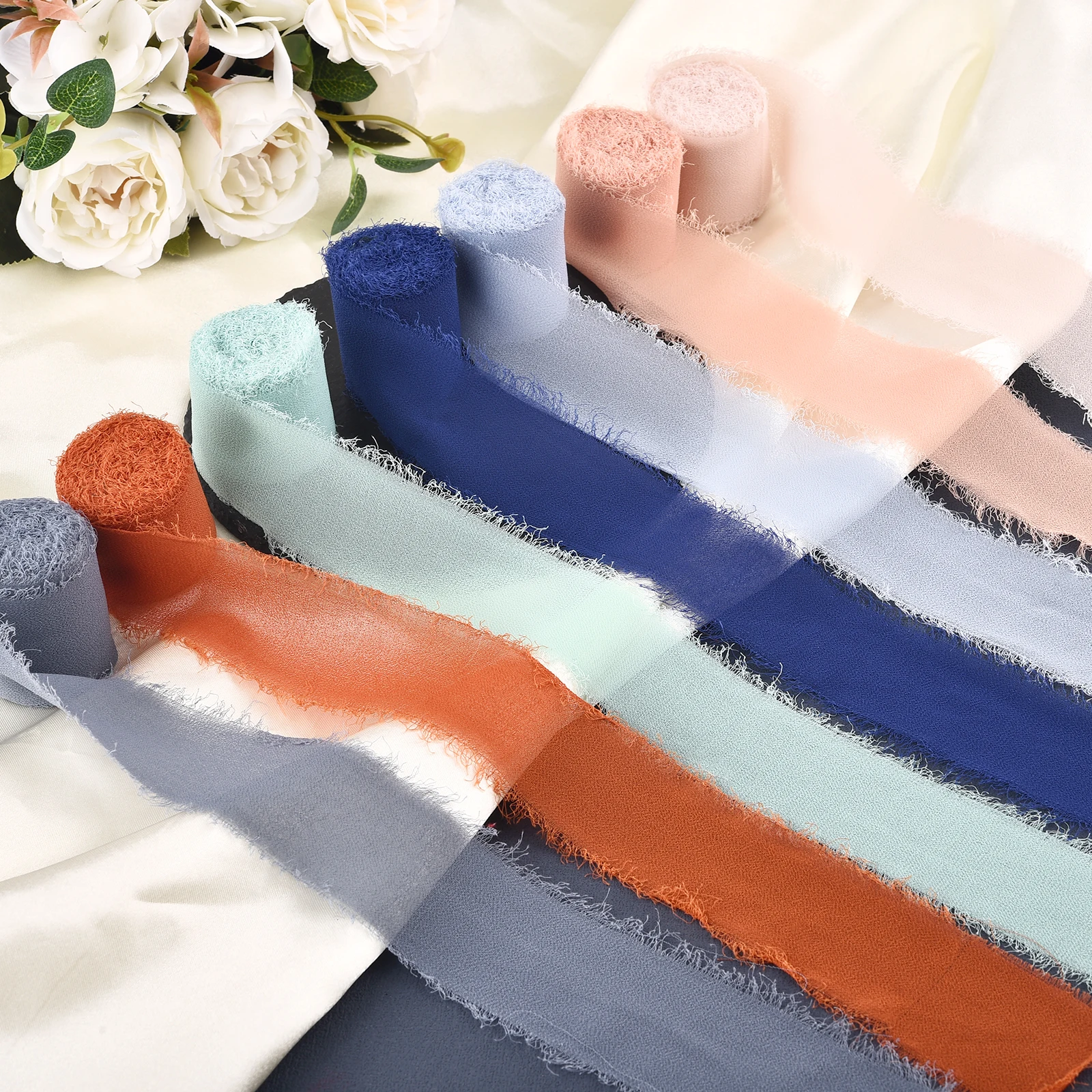 4CMx5M Handmade Frayed Edged Satin Chiffon Silk Ribbon For Wedding Invitation Wrapping Bouquets Birthday Party Decoration Gifts