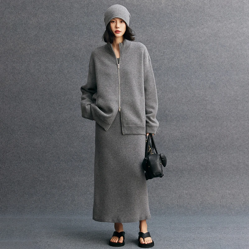 

Women's set 100% cashmere air layer thick zipper Mock Neck cardigan jacket pocket casual back slit knitted skirt two-piece set