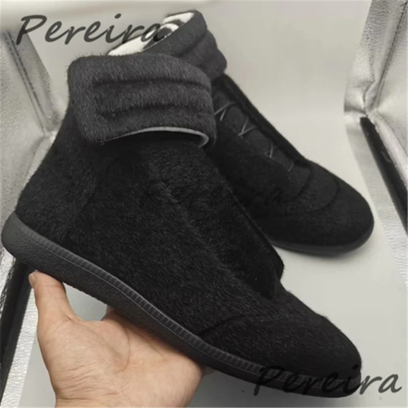 Leopard Print Fur High-Top Boots Solid Thick Soled Round Toe Lace-Up Casual Sneakers Autumn Winter Trendy Versatile Men's Shoes view 2