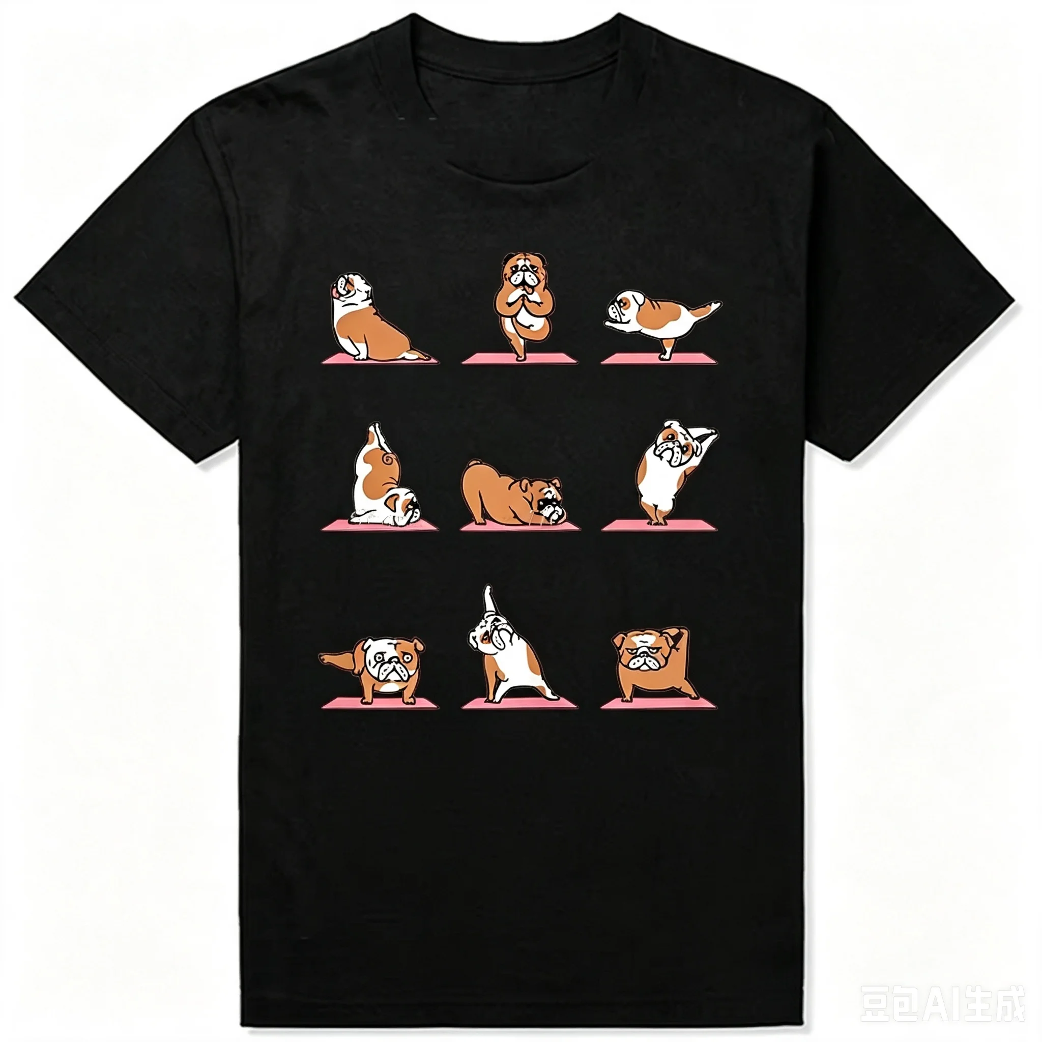 2026 English Bulldog Yoga Puppy Poses O-Neck T Shirt Dog Lovers Black Graphic Cotton Streetwear Short Sle